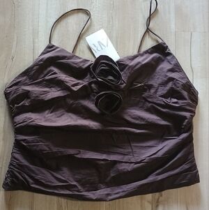 Zara Brown Spaghetti Strap Floral Applique Cami Top